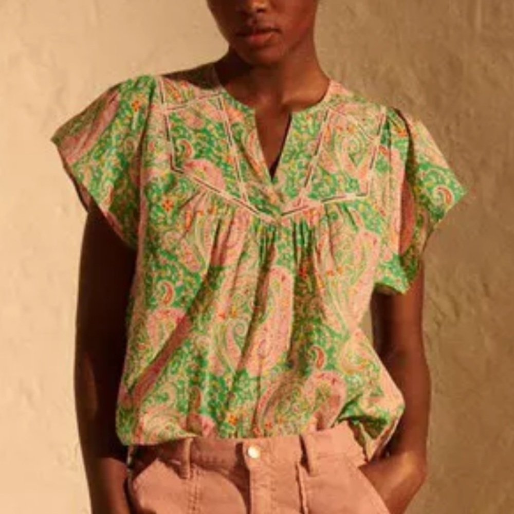 ba&sh Ozana Green and Pink Paisley Blouse Sz S